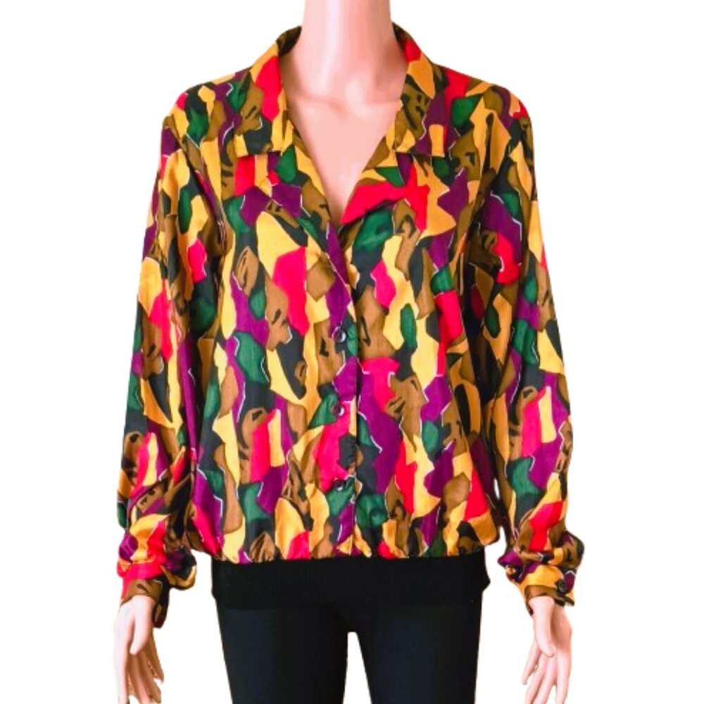 Lauren Lee Vtg Blouson Blouse 16 Colorful Geometric Design Fall Top Made in USA
